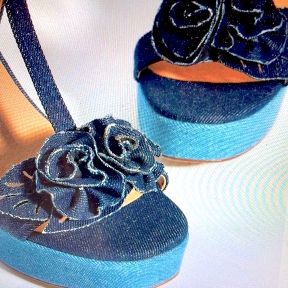 Maeve Two-Tone Denim Platform Sandals with Rosette - Picture 8 of 16